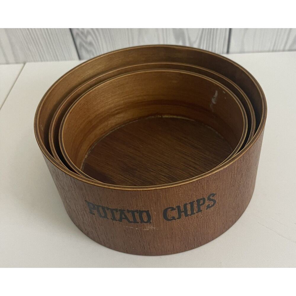 3 Pc Nesting Snack Bowl Set Pretzels Peanuts Chips Mid Century Teak Wood Crest - Picture 5 of 6